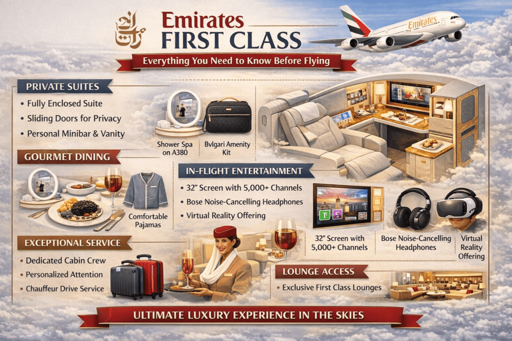 infographics showing the features of emirates first class