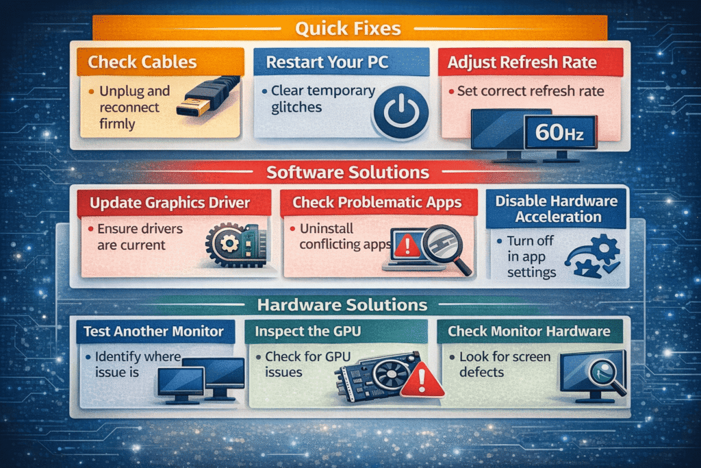 Infographic image showing how to fix a flickering monitor screen