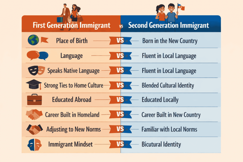 Infographic image showing the differences between first and second generation immigrant