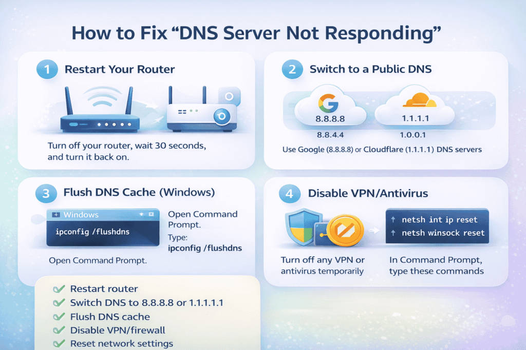 Infographic image showing how to fix DNS server not responding error