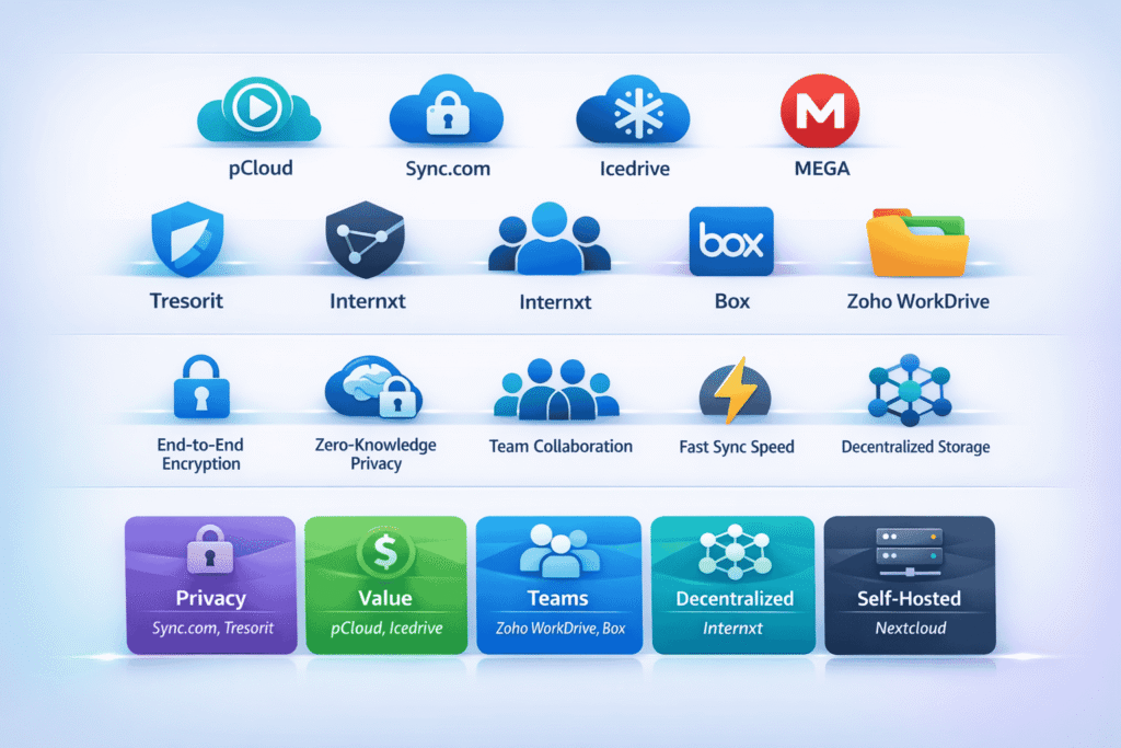 Infographic showing icons of 11 top cloud storage alternatives