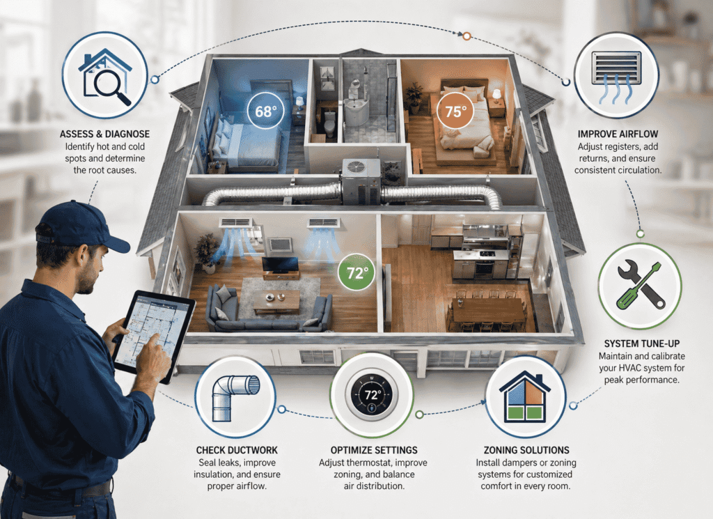 Infographic image showing how HVAC stables the uneven room temperature
