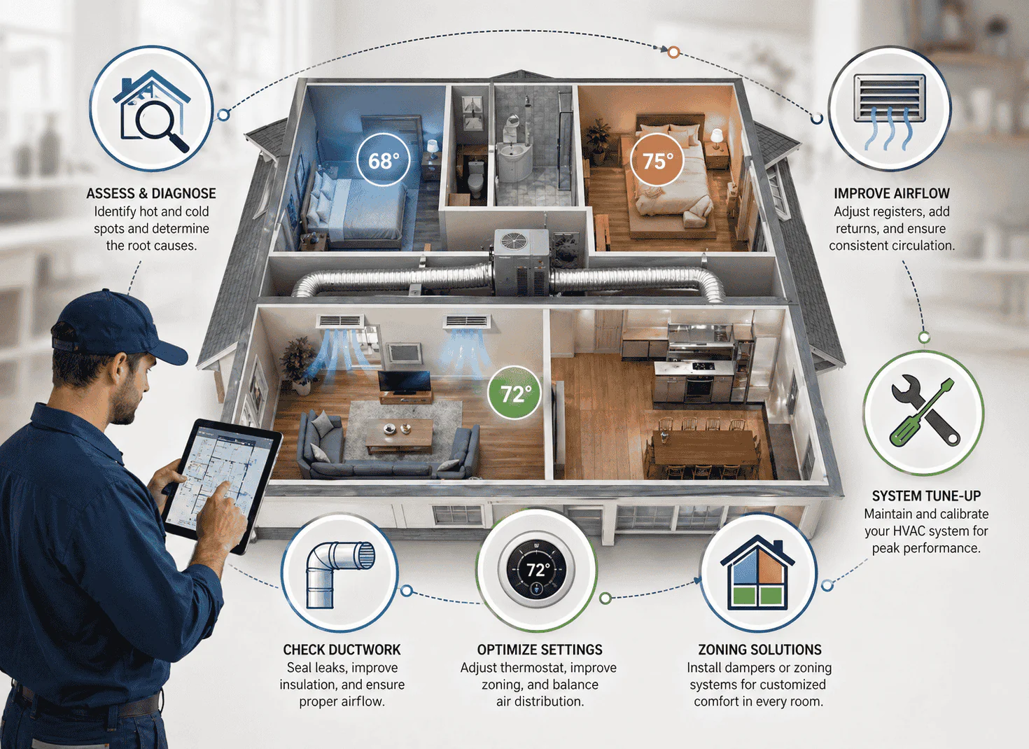 Infographic image showing how HVAC stables the uneven room temperature