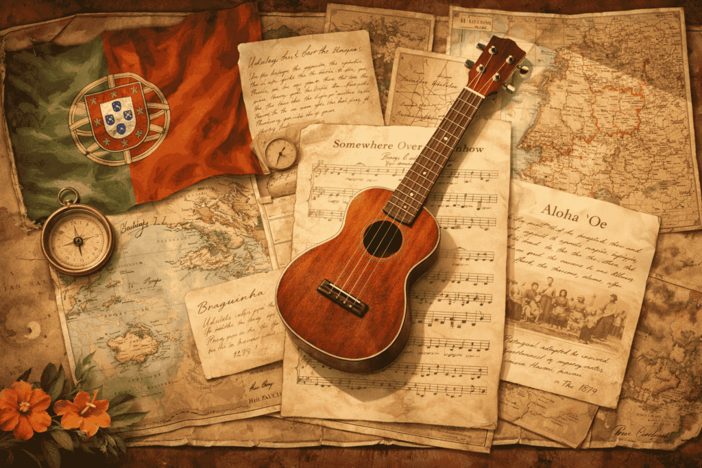 Image showing a collage of ukulele-related items: old Portuguese flag, a small ukulele, vintage sheet music, maps, and historical notes.