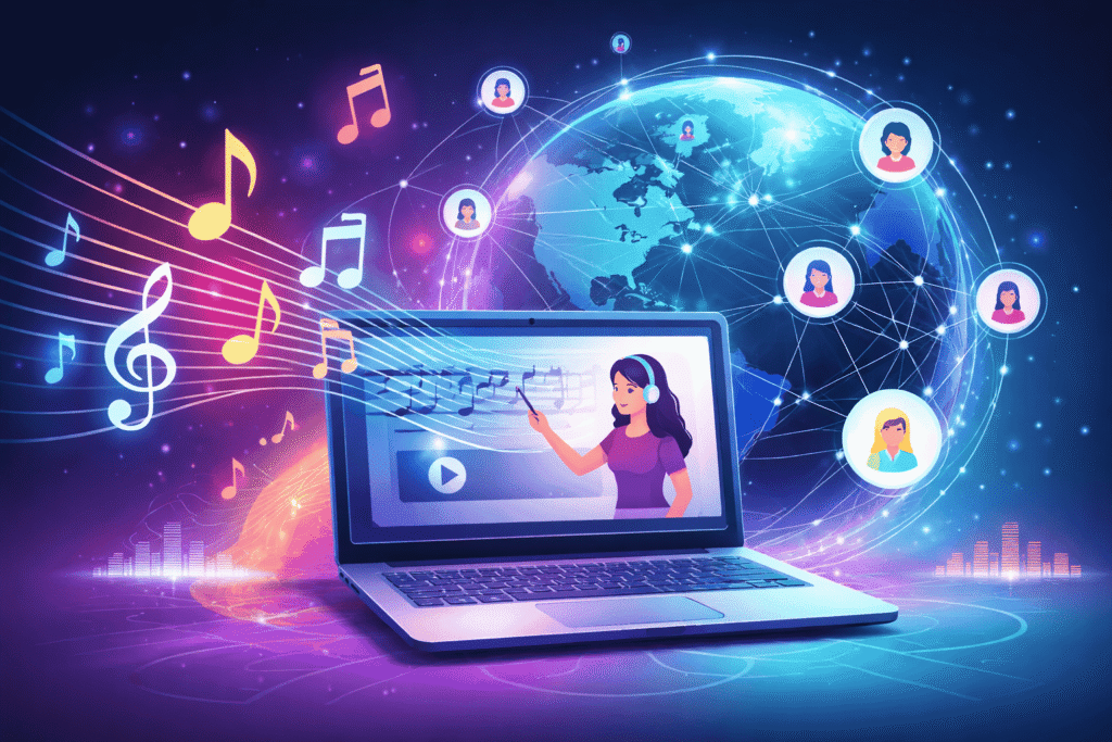 Modern concept illustration showing laptop with online learning, musical notes floating into digital space