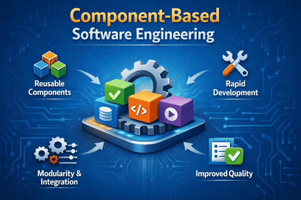 Component Based Software Engineering infographic with modular components and development benefits