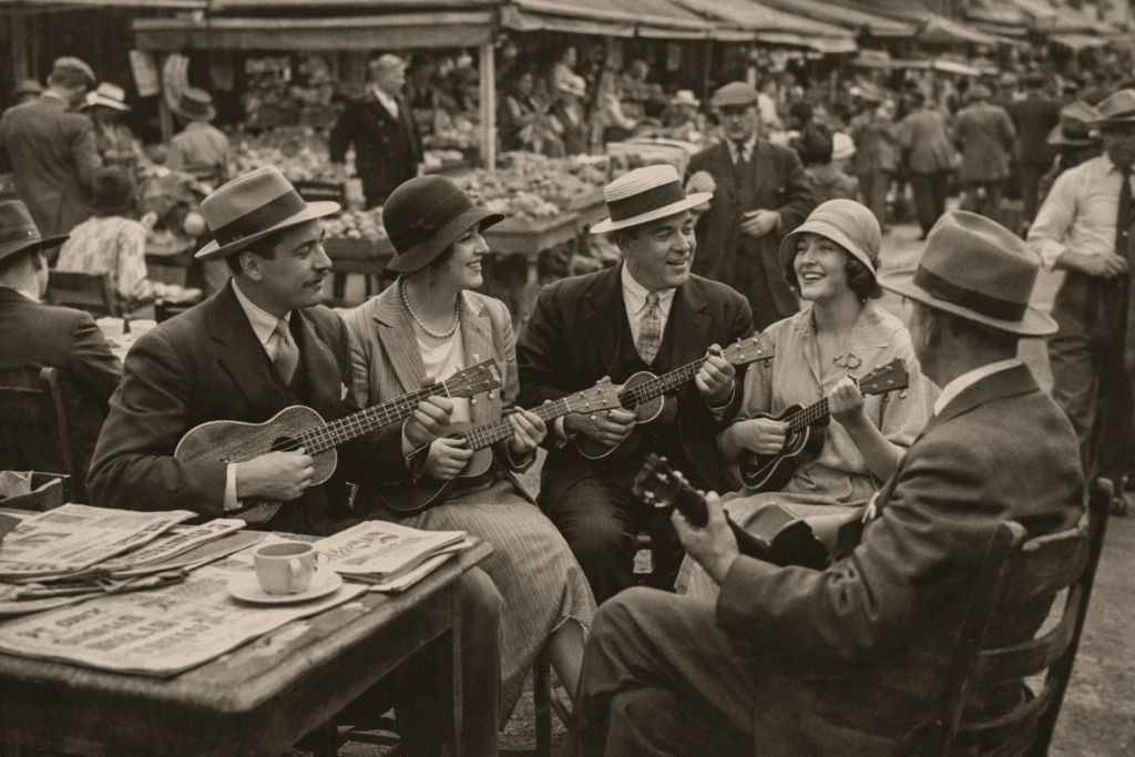 Black & white photo of people playing Ukulele in 1920s