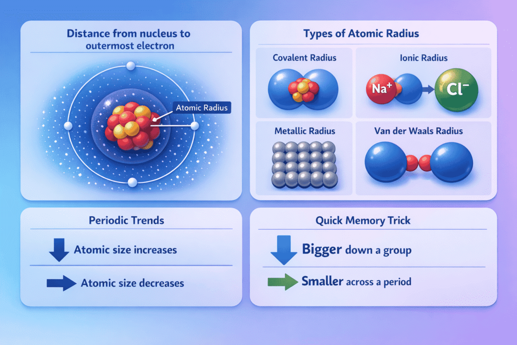Atomic Radius infographic showing how atomic radius behave, bond, and react.
