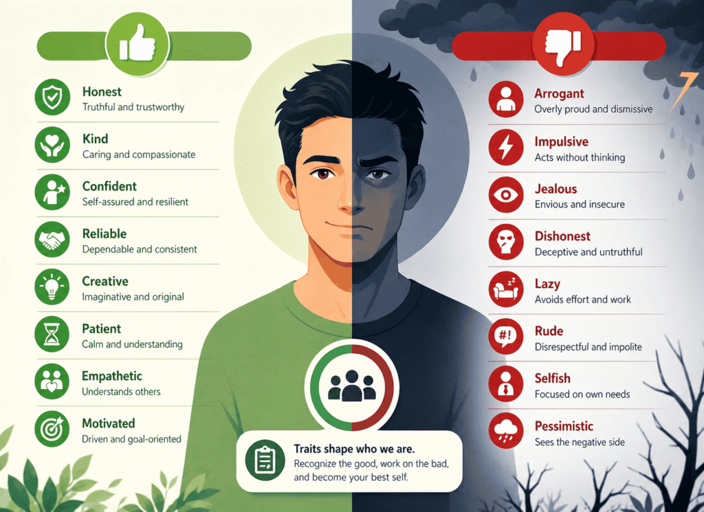 Character Traits Infographic is showing split image with positive and negative character traits