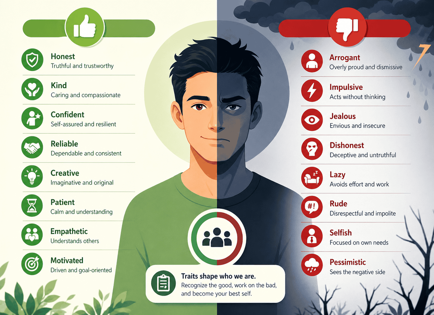 Character Traits Infographic is showing split image with positive and negative character traits