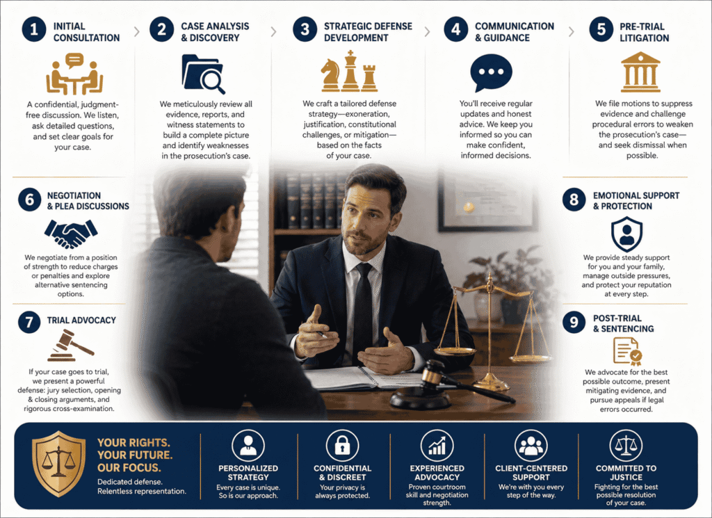 Infographic image is showing graphics explaining what to expect when hiring a skilled defense lawyer