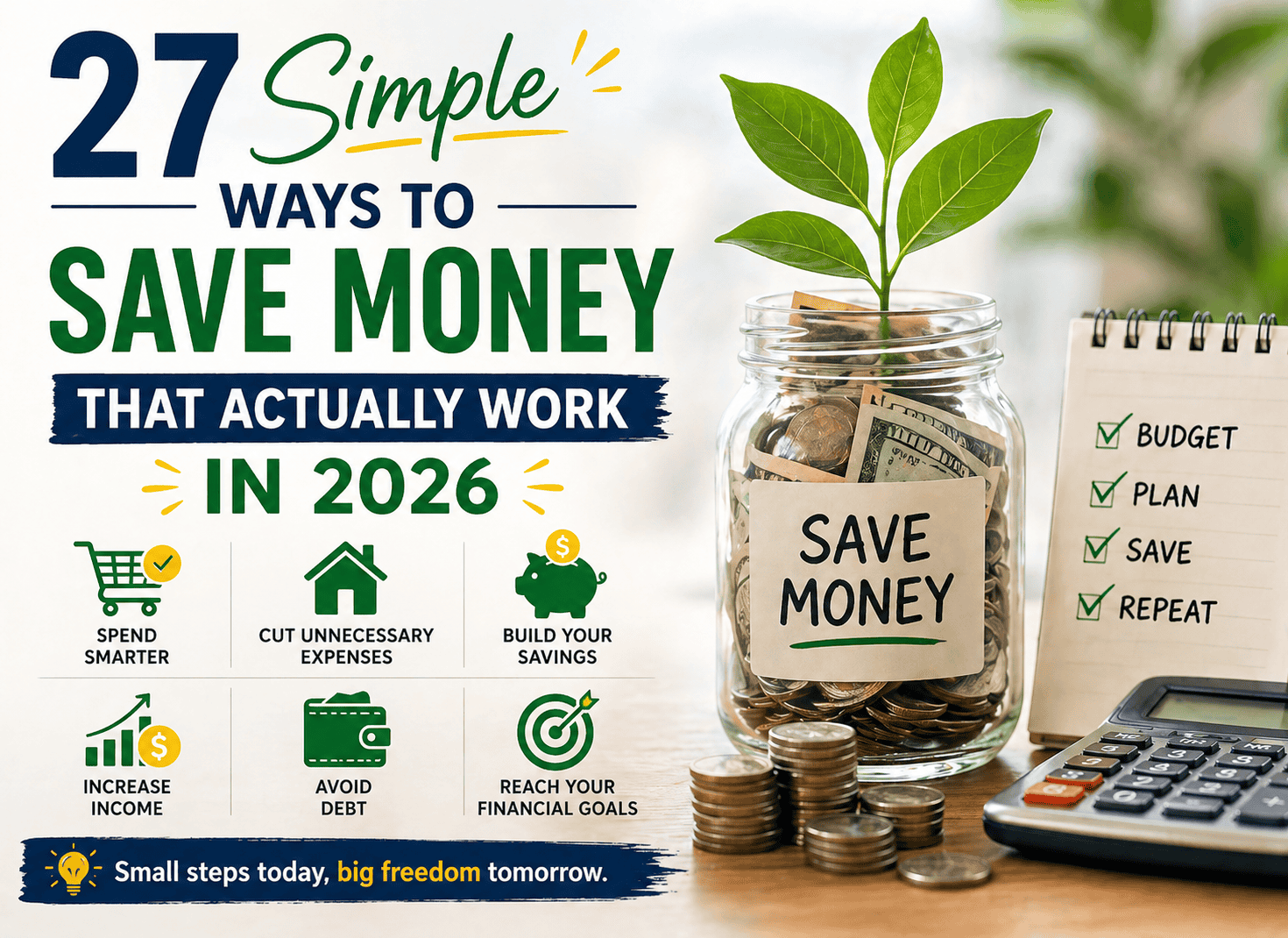 Infographic image is showing simple ways to save money in 2026