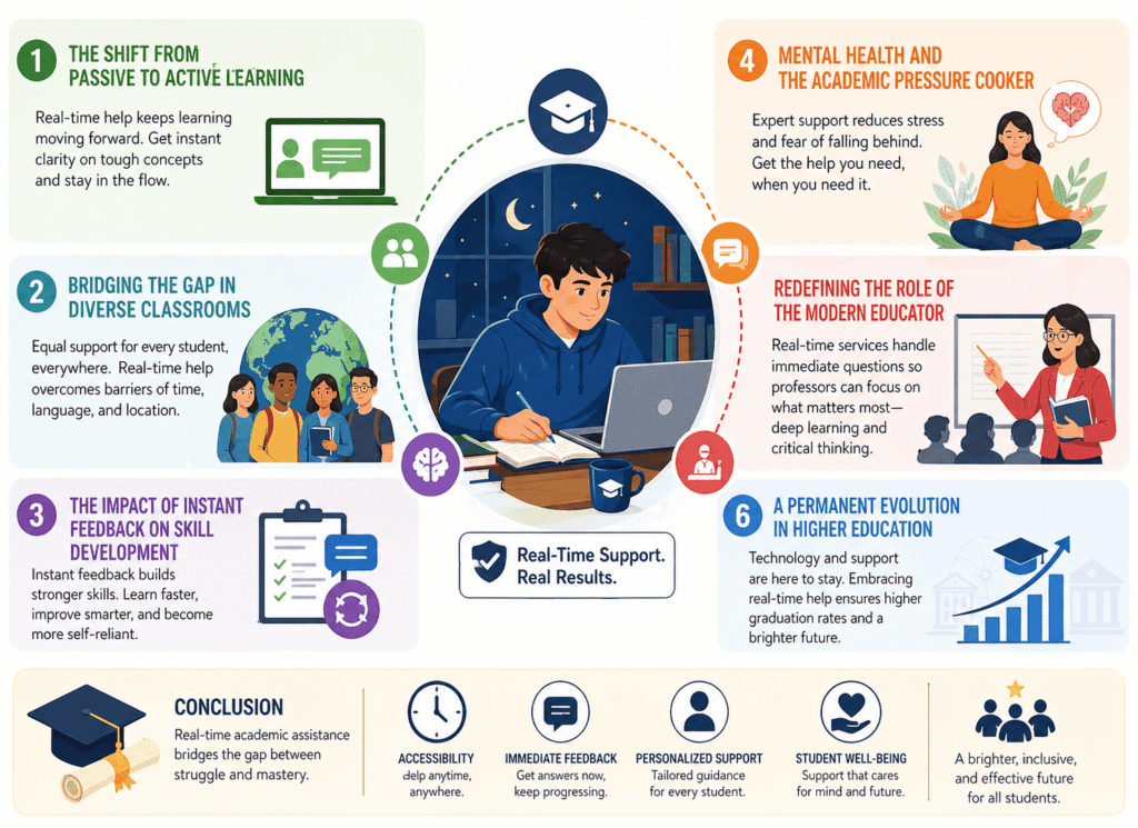 Infographic image is showing graphics related to Why Real-Time Academic Assistance is Redefining Higher Education