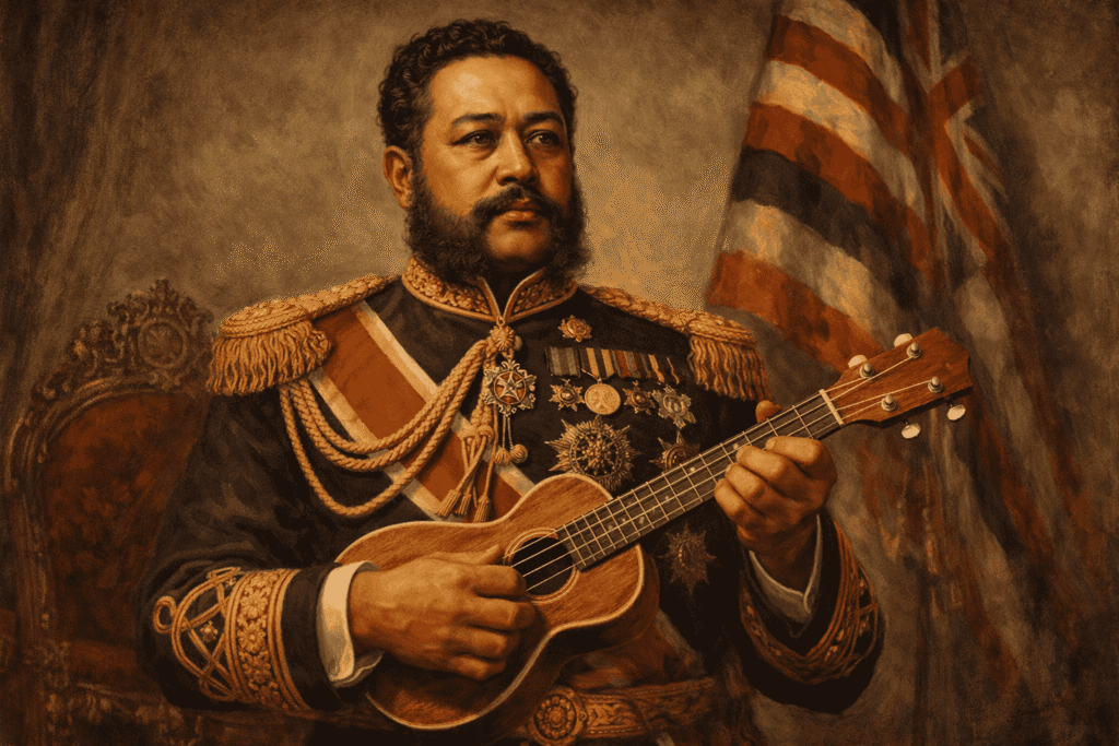 King Kalākaua Holding Ukulele, promoting Hawaiian arts and culture