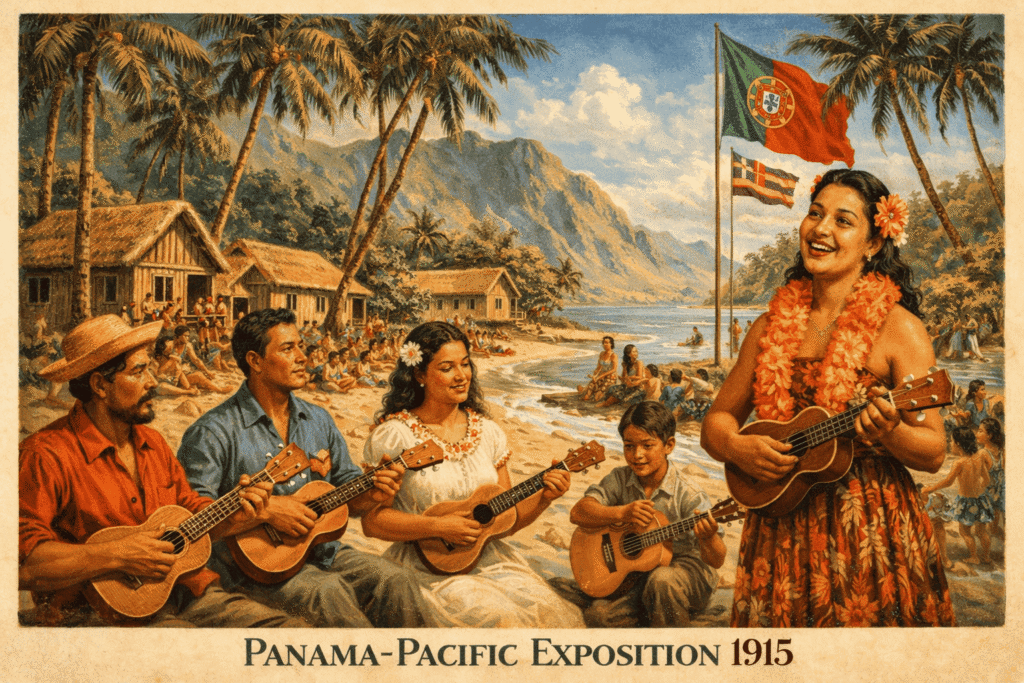 People playing Ukulele at Panama-Pacific Exposition in 1915