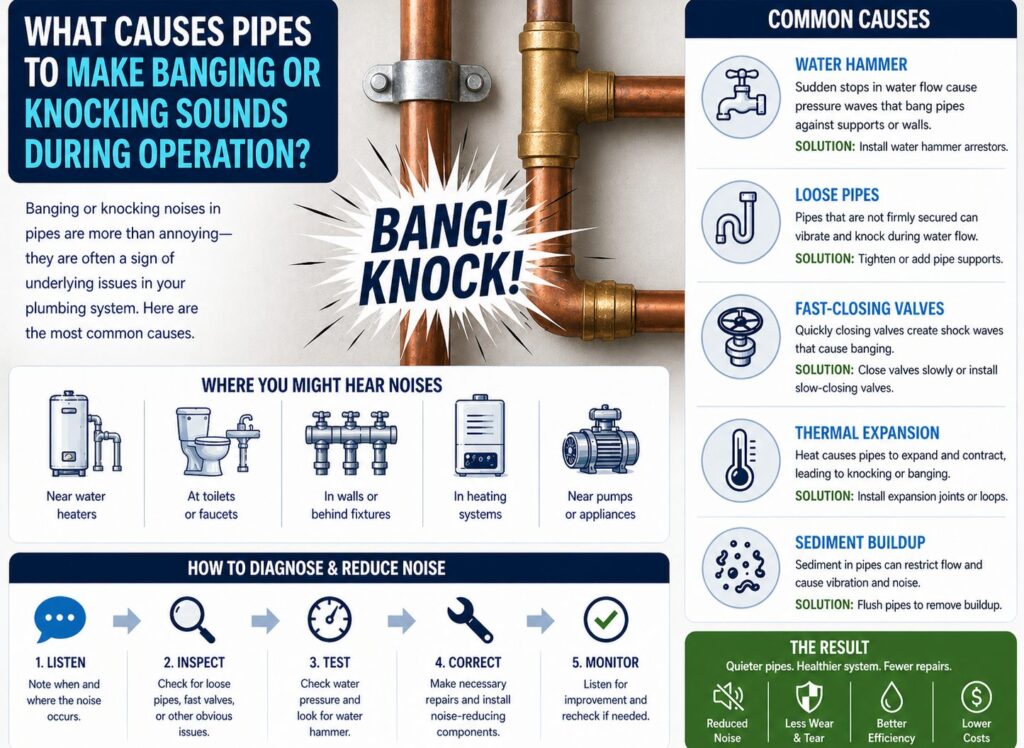 Infographic image showing caused of Pipes banging and knocking sounds