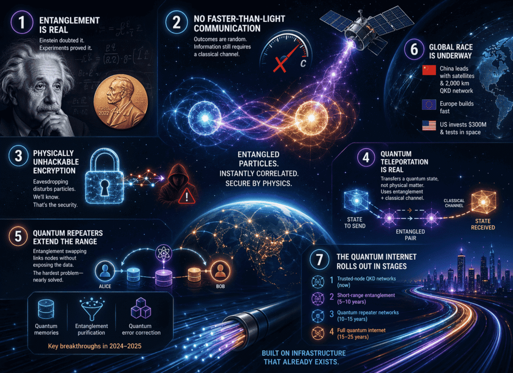 Quantum Entanglement Communication Infographic showing 7 mind-bending facts about Quantum Entanglement Communication