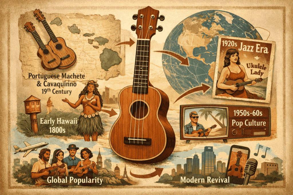 Ukulele History Infographics showing it's origins, evolution & global rise