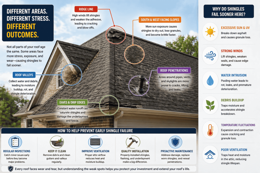 infographic image is showing Why Do Shingles Fail Earlier on Certain Parts of a Roof