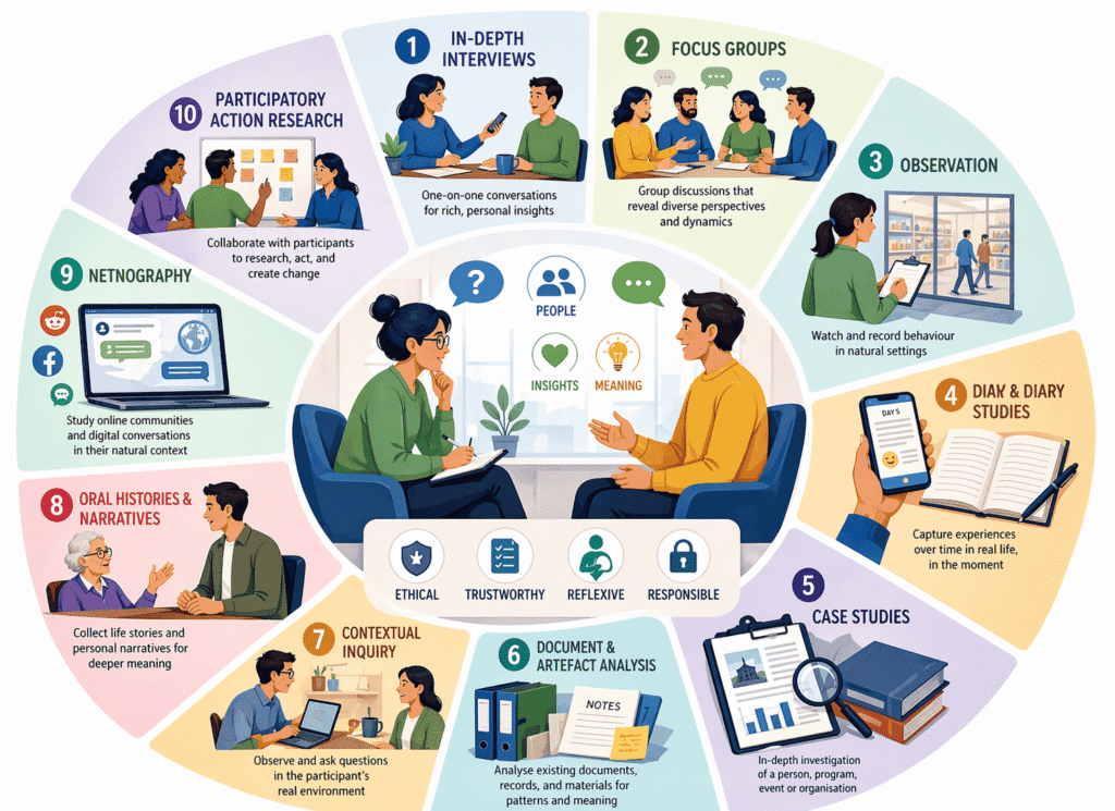 infographic image showing graphics explaining qualitative data collection methods