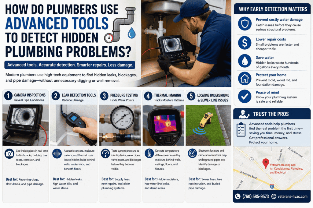 Infographic image contains graphics explaining How Do Plumbers Use Advanced Tools to Detect Hidden Plumbing Problems