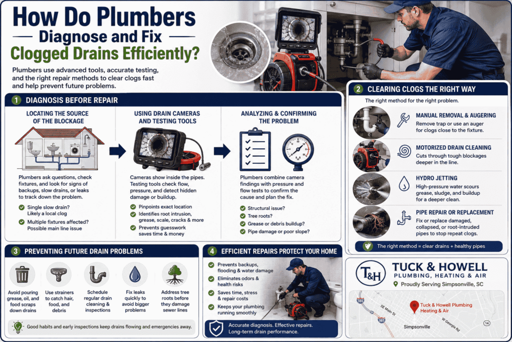 Infographic image contains graphics explaining How Do Plumbers Diagnose and Fix Clogged Drains Efficiently