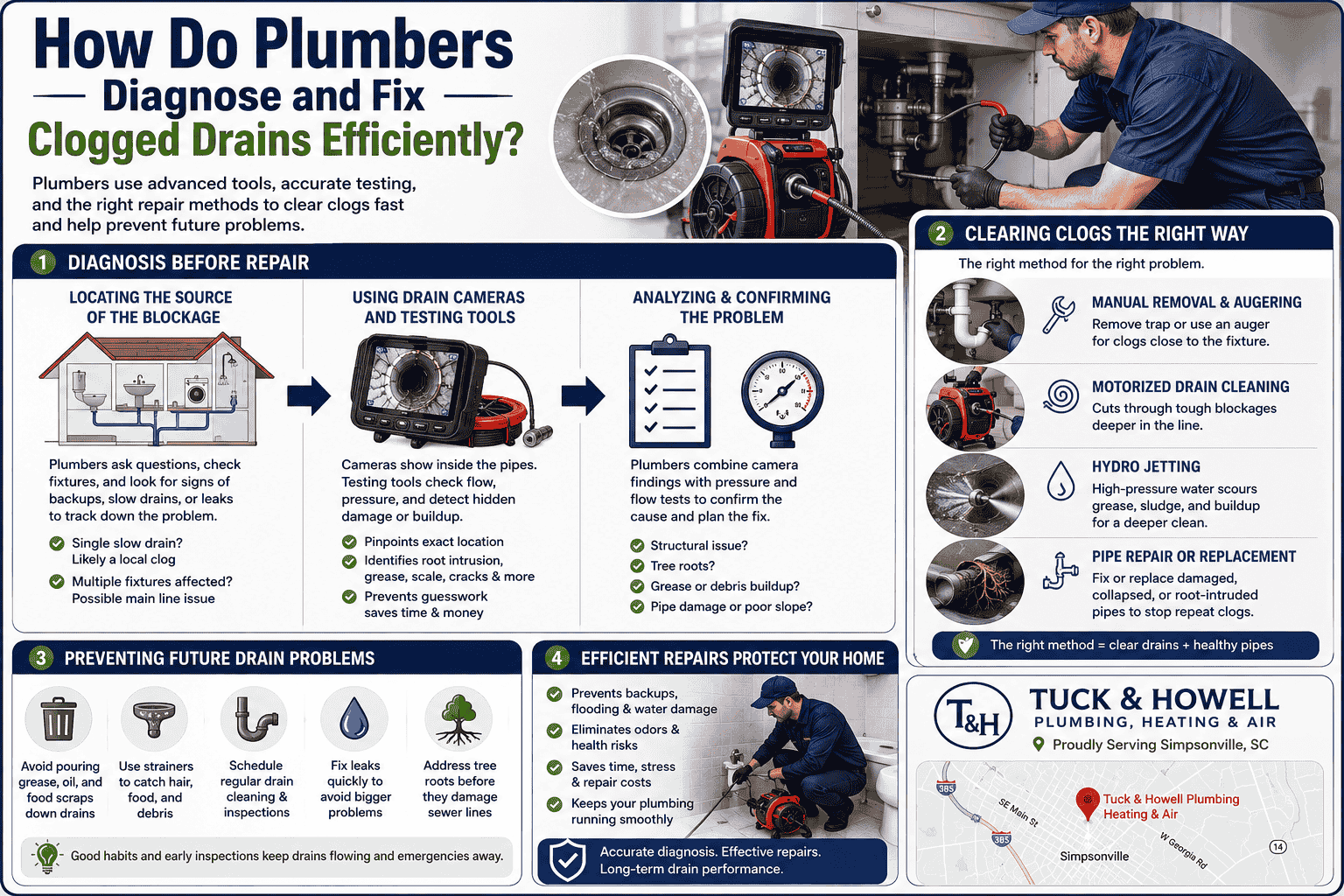 Infographic image contains graphics explaining How Do Plumbers Diagnose and Fix Clogged Drains Efficiently
