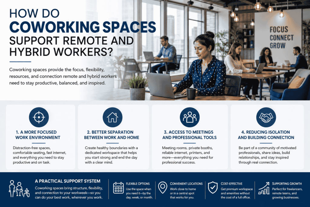 Infographic image contains graphics which are explaining How Do Coworking Spaces Support Remote and Hybrid Workers