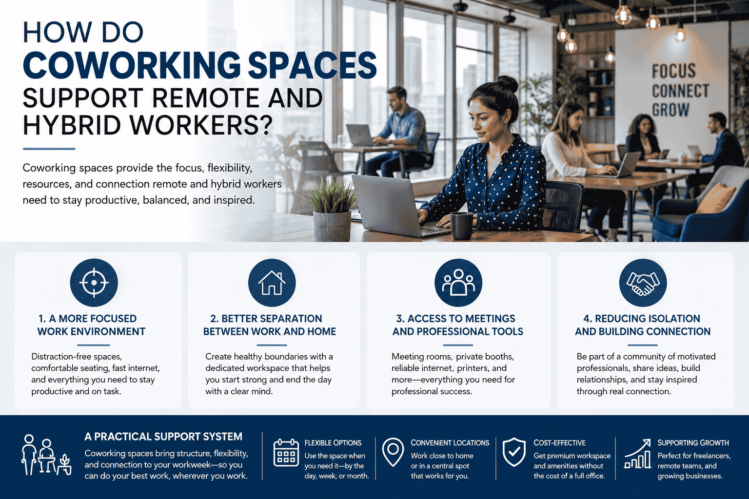 Infographic image contains graphics which are explaining How Do Coworking Spaces Support Remote and Hybrid Workers