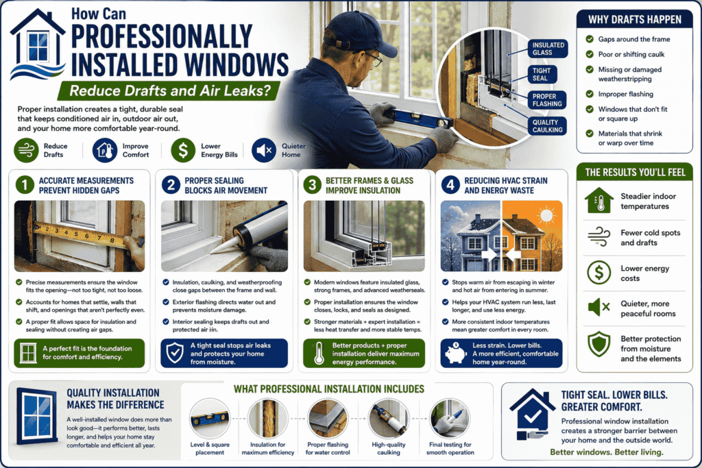 infographic image contains graphics explaining How Can Professionally Installed Windows Reduce Drafts and Air Leaks