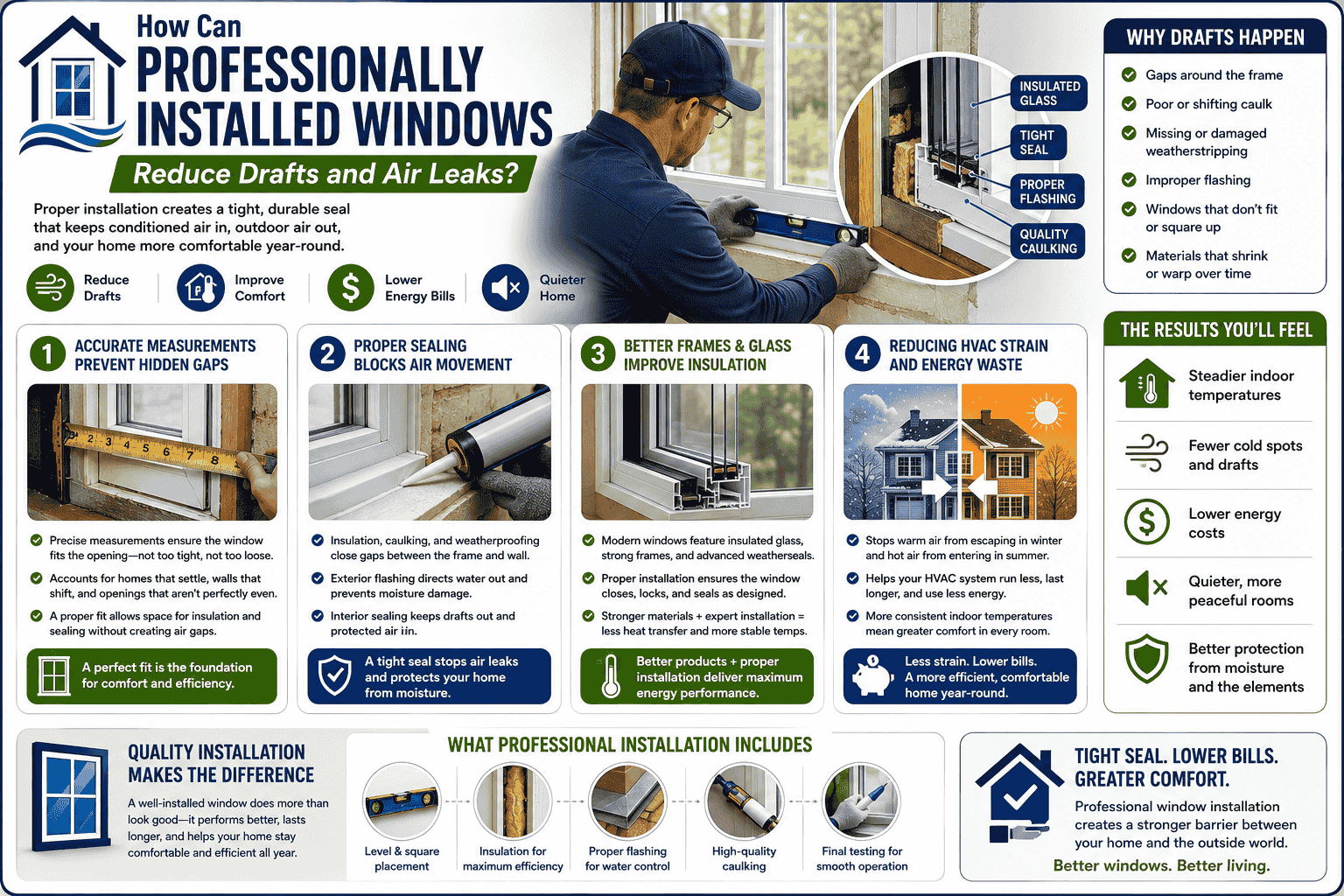 infographic image contains graphics explaining How Can Professionally Installed Windows Reduce Drafts and Air Leaks