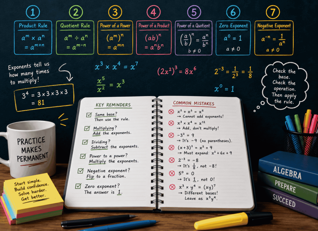 Infographic image is showing 7 laws of Exponent Rules and mistakes with fixes