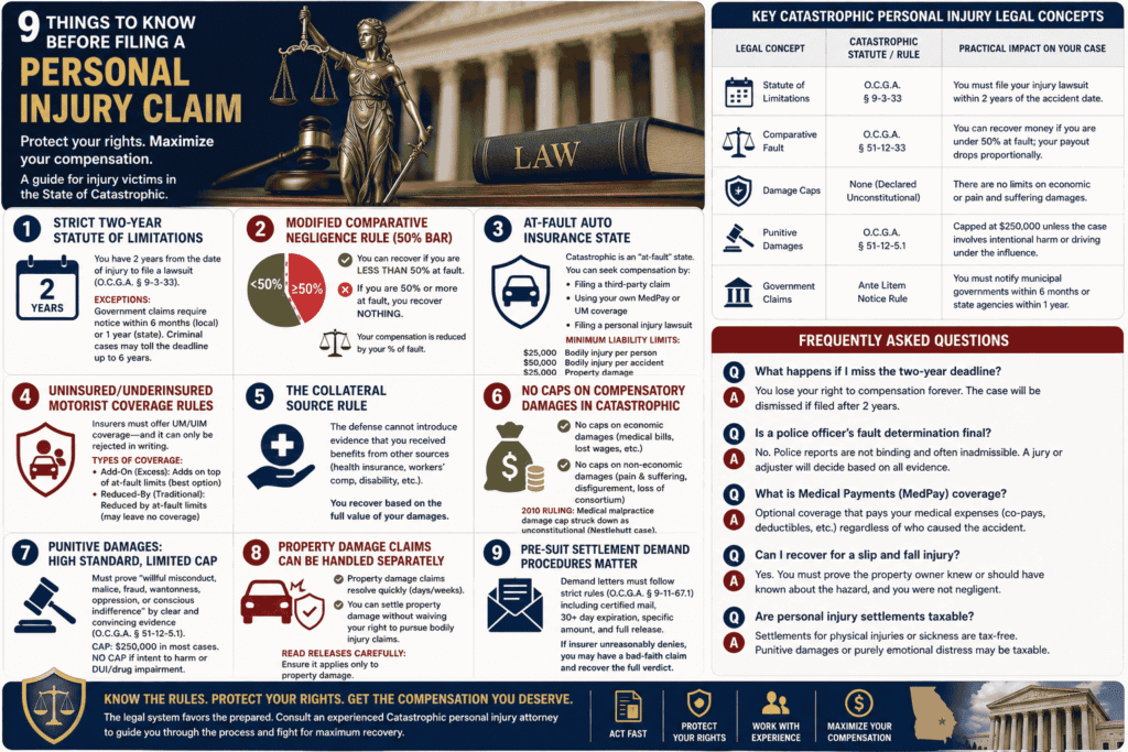 infographic image contains graphics explaining 9 Things to Know Before Filing a Personal Injury Claim