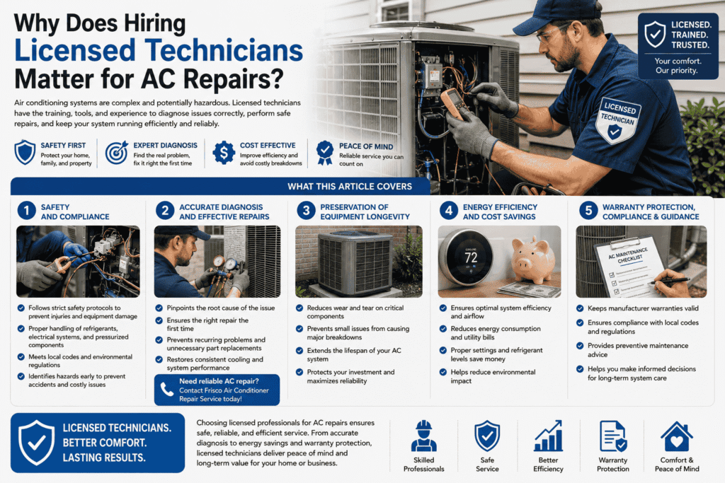 Infographic image contains graphics explaining Why Does Hiring Licensed Technicians Matter for AC Repairs