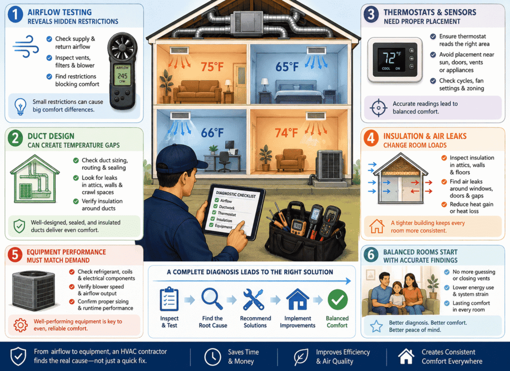 Infographic image is showing graphics explaining How Can an HVAC Contractor Help Diagnose Uneven Room Temperatures