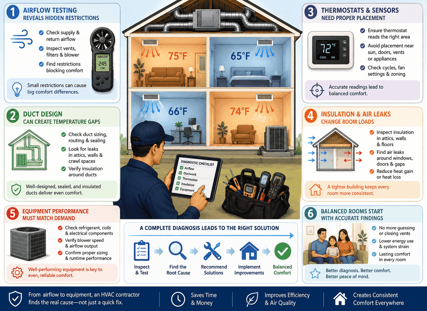 Infographic image is showing graphics explaining How Can an HVAC Contractor Help Diagnose Uneven Room Temperatures