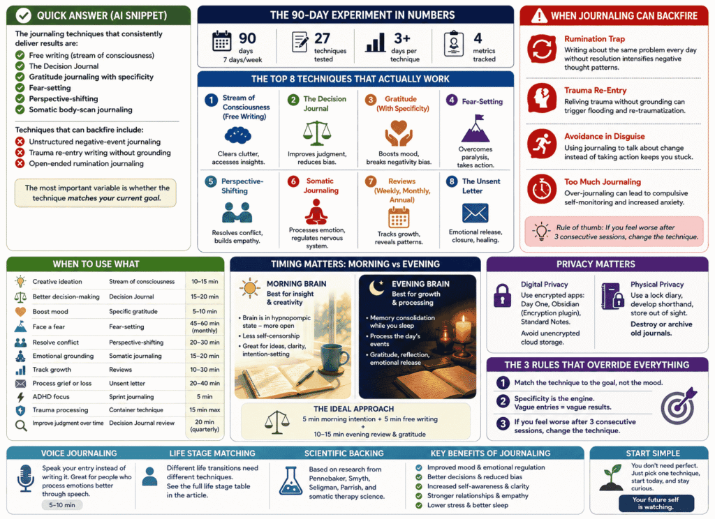 Journaling techniques infographic showing 27 journaling techniques