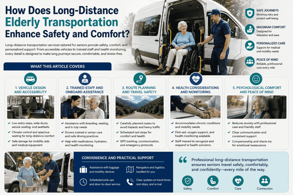 Infographic image contains graphics explaining How Does Long-Distance Elderly Transportation Enhance Safety and Comfort