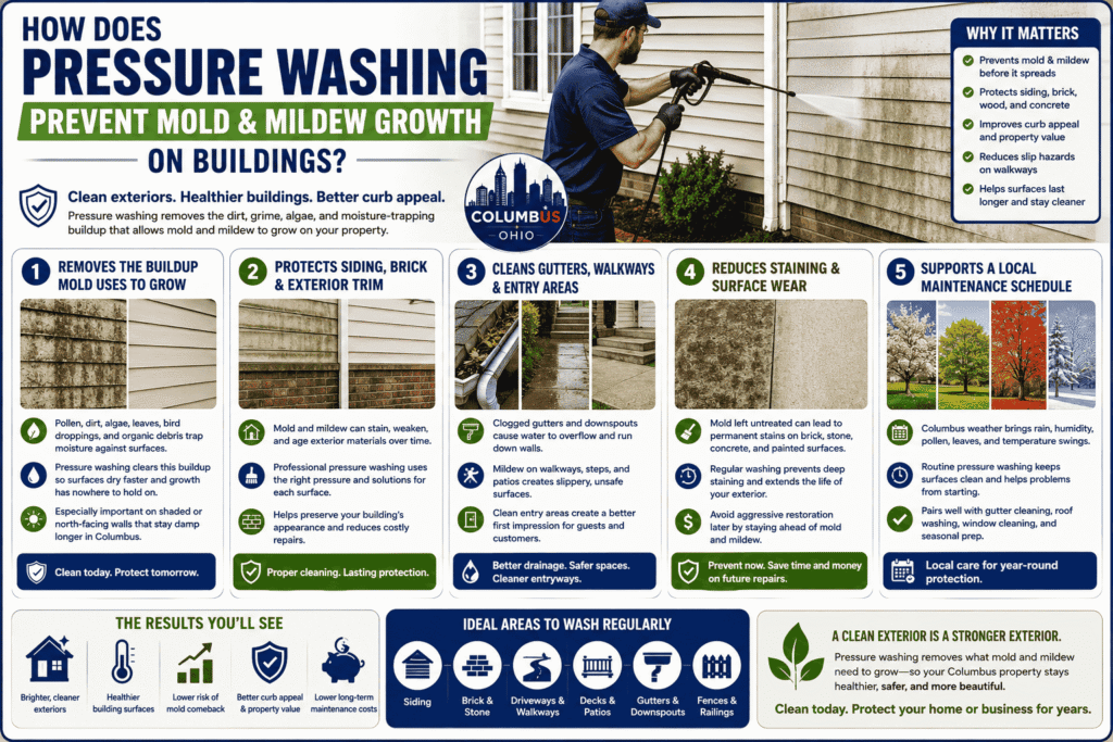 infographic image contains graphics explaining How Does Pressure Washing Prevent Mold and Mildew Growth on Buildings