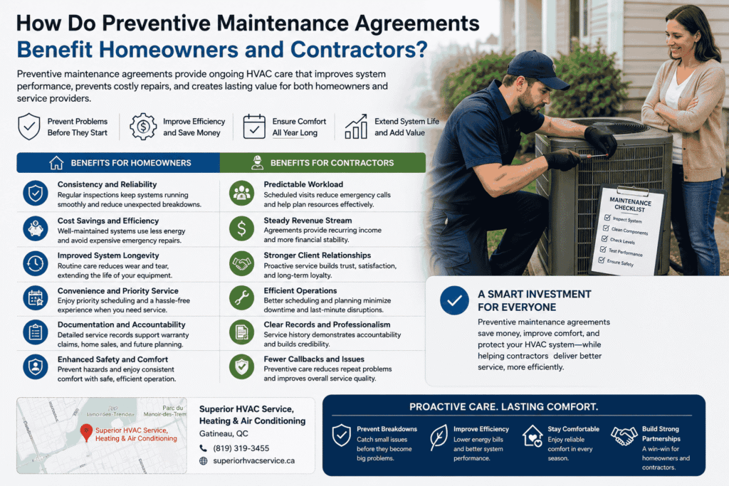 Infographic image contains graphics explaining How Do Preventive Maintenance Agreements Benefit Homeowners and Contractors