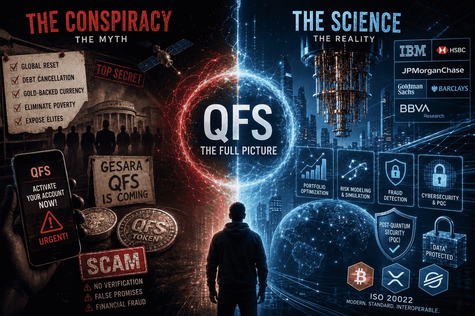 Infographic image is showing split screen, explaining the conspiracy and the science behind Quantum financial system