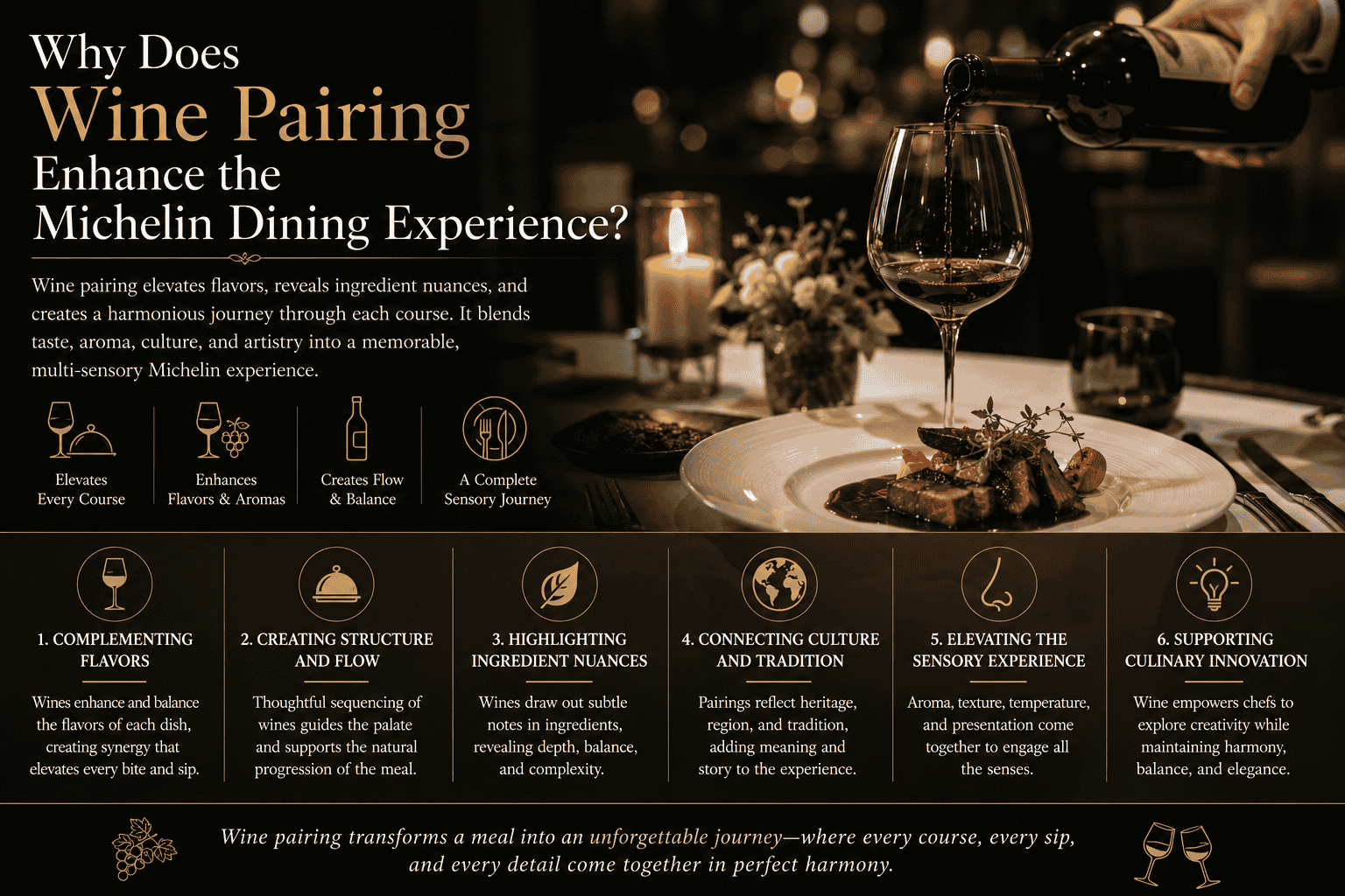 Infographic image contains graphics explaining Why Does Wine Pairing Enhance the Michelin Dining Experience