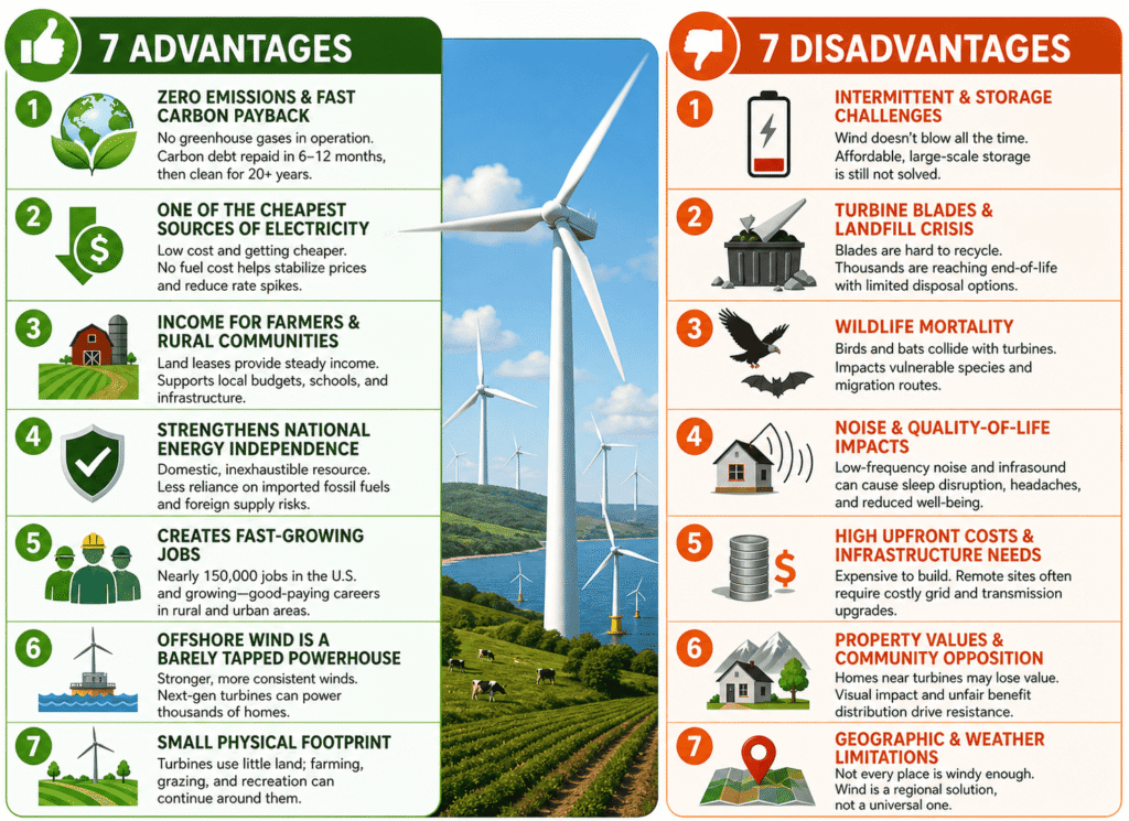 Wind energy infographic image is showing 7 advantages and 7 disadvantages of wind energy in 2026
