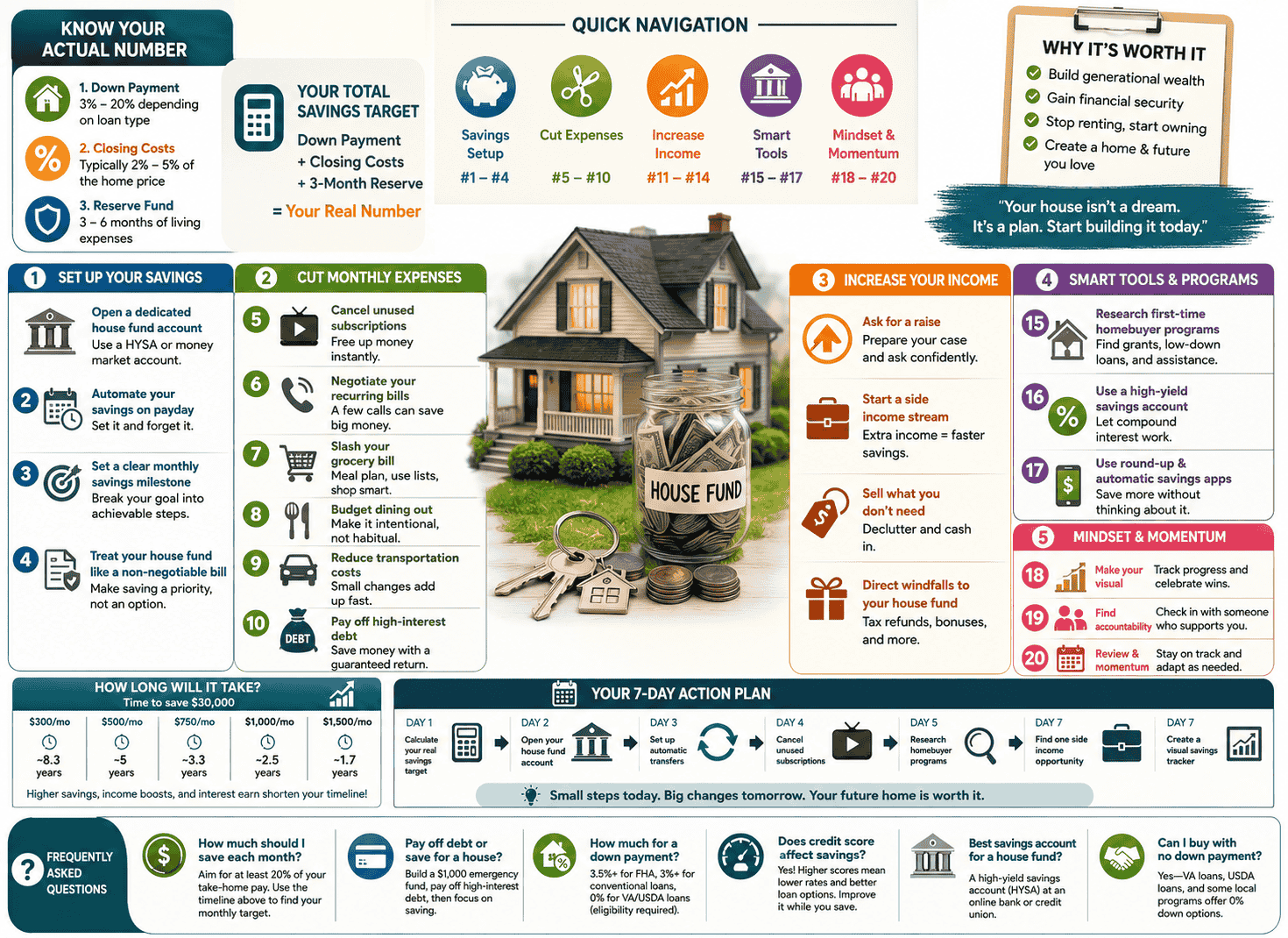 Infographic image is showing how to save money for a house: 20 proven strategies for 2026