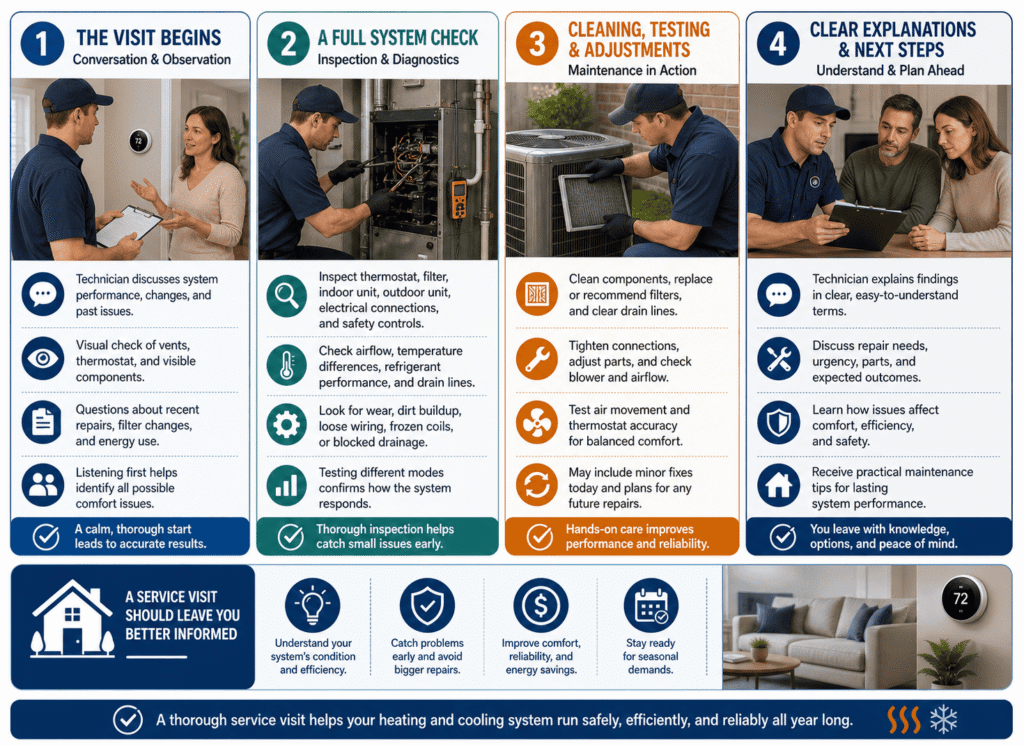 infographic image is explaining what to expect during a heating and air conditioning service visit
