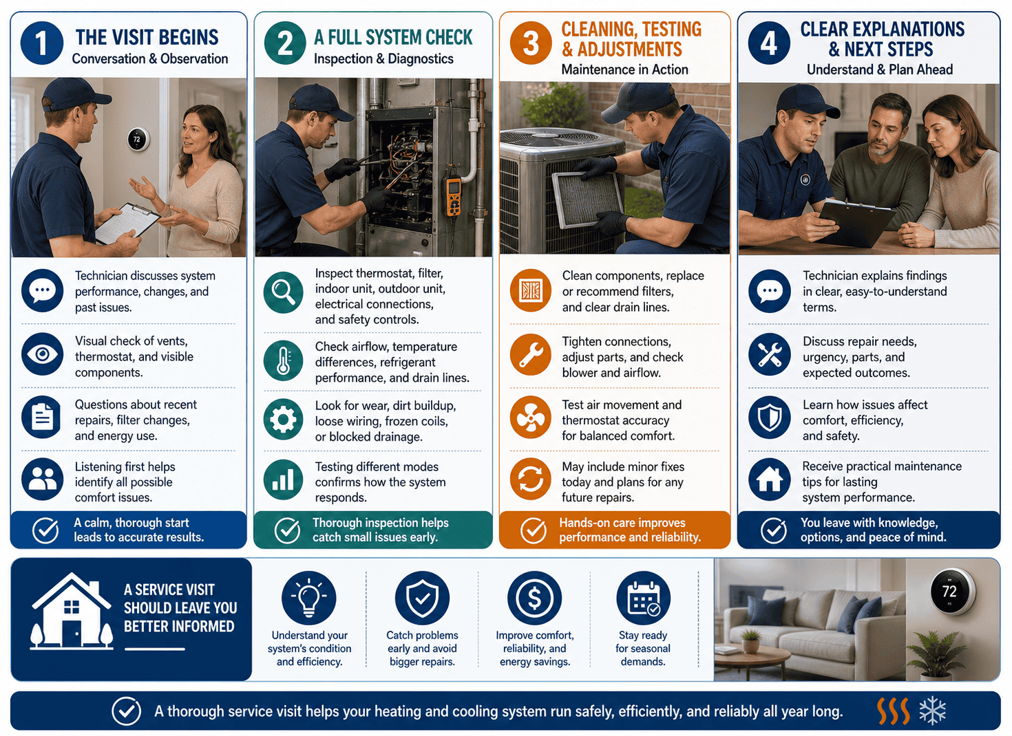 infographic image is explaining what to expect during a heating and air conditioning service visit