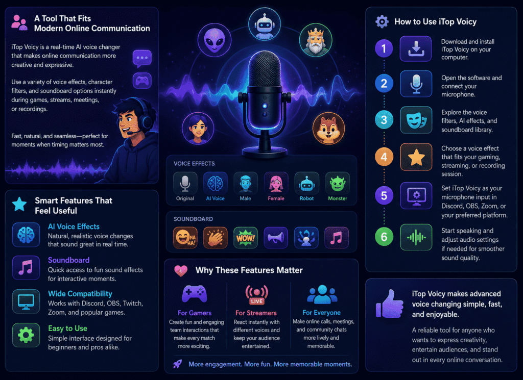 Infographic image is showing Smart Voice Changing Features of iTop Voicy App