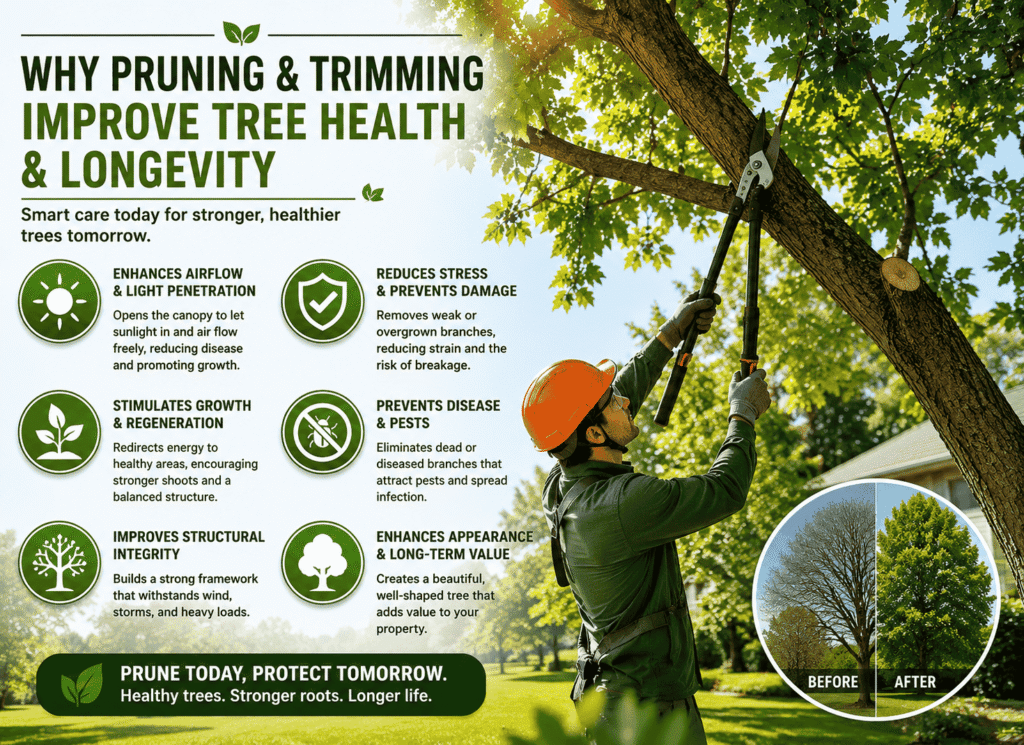 Infographic image is showing graphics which explain why pruning and trimming for tree health and longevity