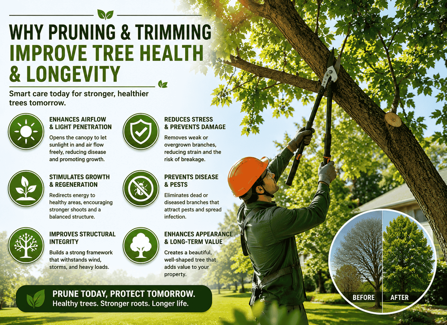 Infographic image is showing graphics which explain why pruning and trimming for tree health and longevity