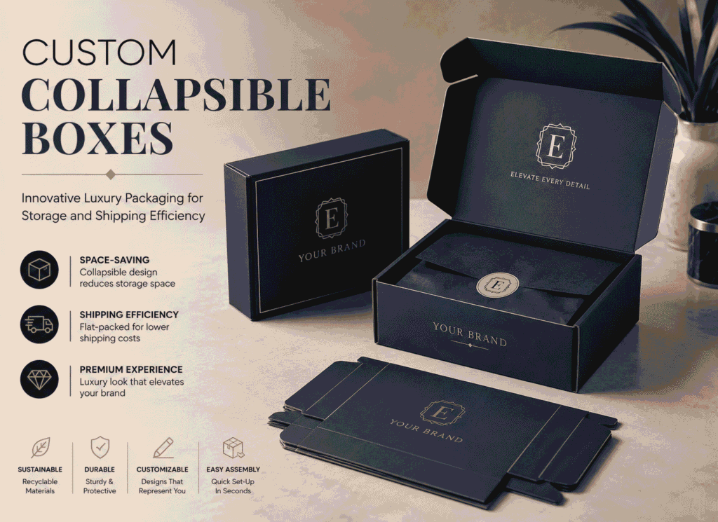The image contains luxury custom collapsible boxes